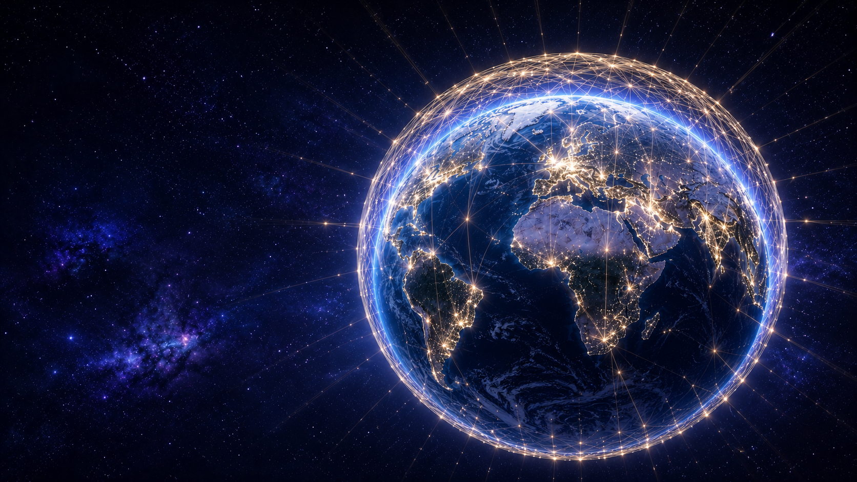 Round Earth with Light Beacons connecting in a glowing matrix and reaching into the Universe